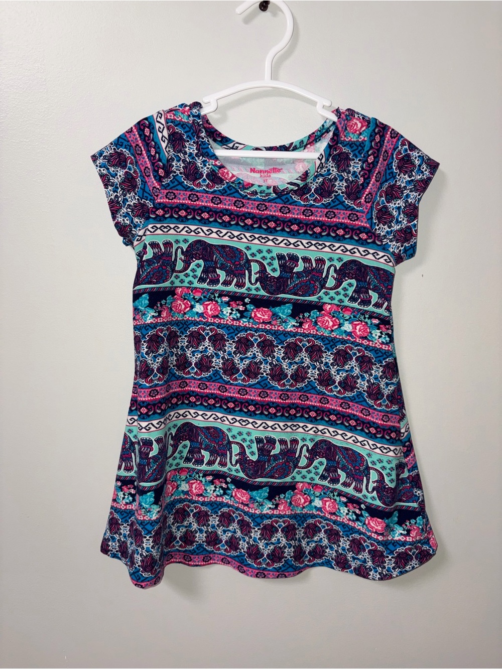 Nannette Pink Purple Blue Teal Tribal Aztec Elephant Print Dress Girls 3T